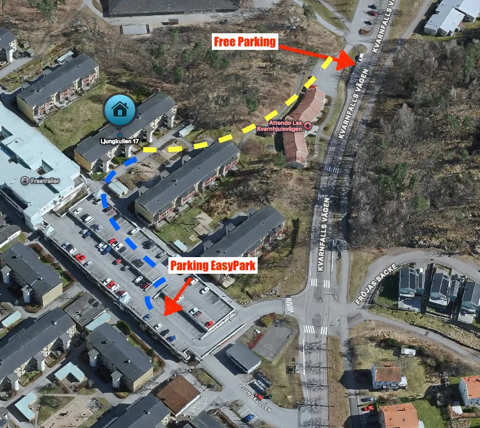 Flygfoto över kvarteret. Salongen är markerad vid Ljungkullen 17. En blå streckad gångväg leder från EasyPark-parkeringen i sydväst upp till entrén. En gul streckad gångväg leder från gratisparkeringen vid Kvarnfallsvägen i nordost till samma entré.